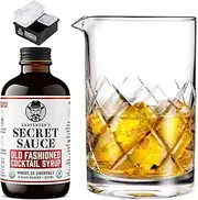 Bartender's Secret Sauce Old Fashioned Cocktail Syrup Kit – USDA Organic Old Fashioned Mix (8 oz), Crystal Cocktail Mixing Glass & Large 4-Cube Silicone Ice Cube Mold – Home Bar Mixology Gift Set