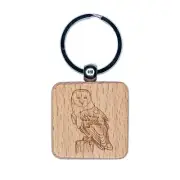 Magnificent Barn Owl Engraved Wood Square Keychain Tag Charm