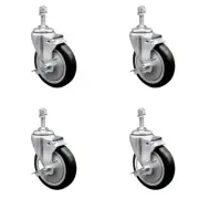 5 Inch SS Black Polyurethane Swivel 3/8 Inch Threaded Stem Caster Set Brake SCC