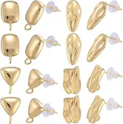 Beebeecraft 16Pcs 4 Styles Rectangle Earring Post Blank Earring Studs with Backs Loop Real 18K Gold Plated Brass Dangle Triangle Oval Ear Findings Accessories for Jewelry Making Supplies DIY Crafts