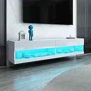Wall Mounted TV Cabinet Stand Floating Shelft Wood TV Unit LED Light 2 Doors Storage Shelf High Gloss Front White 200cm Living Room Furniture
