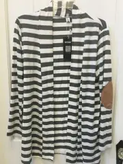 NWT Myobe Stripe Open Front Tunic Knit Top Jacket M White Gray Patchwork Elbow