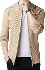[Qolkmuiy-GJ] Men's Casual Knit Zipper Cardigan Slim Fit Stand Collar Sweater Zip Up Closure Winter Sweaters Outerwear