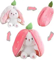 Easter Bunny Stuffed Animal Rabbit Plushie Funny Hide and Seek Bunny Carrot Strawberry Plush Floppy Ear Rabbits with Zipper Cute Bunnies Toy Decor