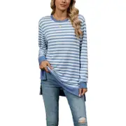 Stripe Side Split Loose Casual Jumper - Light blue with White