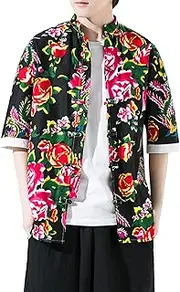 [Generic] Top Tee Spring and Summer Men's Coat Northeast Flower Shirt in Chinese Traditional Tang Suit Compression Shirt Long Sleeve