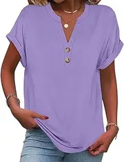 [Generic] Women Short Sleeve V Neck T Shirt Summer Button Up Elegant Loose Shirt Plus Size Button Up Shirts