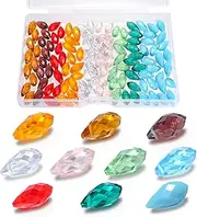 UHOMENY 100 Pcs Teardrop Crystal Beads Mixed Colors Glass Beads Crystal Prism Lustered Drop Spacer Loose Beads Water Drop Shape Top Drilled for Jewelry Craft Making Pendants, with Box