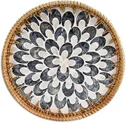 Round Rattan Tray,Decor Serving Tray,Water Fruit Plate,Decorative Wicker Basket,Shell Jewelry Tray,for Coffee Table, Hand Woven Decorative Tray Plates,Coffee Bread Fruit Storage