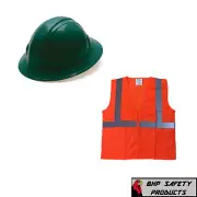 Green Full Brim Safety Hard Hat with Hi-Vis Orange Vest Construction