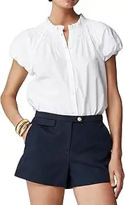 [SUNNOW] Womens 2024 White Ruffled Collar Top Pleated Button Up Shirt Short Puff Sleeves Casual Blouse