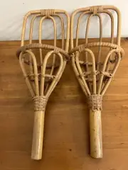 Set Of 2 Vintage Bamboo Wicker Rattan Woven Takraw Ball Toss Game Scoop Racket