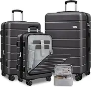 [KEYTANG] SmileLine Hardside Expandable Luggage W/Quick Access Front Open Pocket Lightweight Carry-on with Makeup Bag, Dark-Grey, 20(Front Open)/24/28/MB, Light Weight Hardside Expandable Spinner Wheels