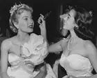 Actresses Marisa Pavan & Lori Nelson checking their hair & make- 1963 Old Photo