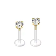 PAIR 16G GOLD PUSH PRONG SET ROUND 3mm CZ STUD BIOFLEX LABRET HELIX TRAGUS RINGS