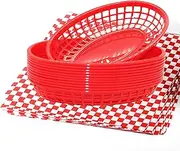 [FEOOWV] 12Pcs Oval-Shaped Plastic Fast Food Basket and 100 Pcs Checkered Paper for Fast Food Restaurant Supplies, Deli Serving, Bread Baskets, Burgers, Sandwiches & Fries (Red)