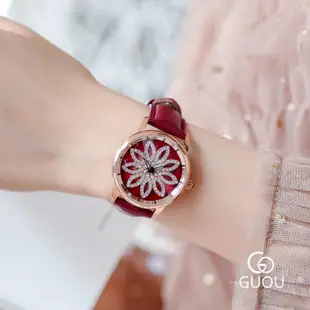 特熱銷 GUOU手錶時尚潮流旋轉盤皮帶女士手錶watch水鑽女款手錶女