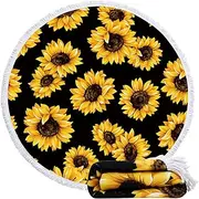 Violet Mist Sunflower Round Beach Towel Round Mandala Beach Blanket 60 inch Oversized Microfiber Blanket Extra Large Swim Pool Bath Circle Towel with Tassels for Women Men Adults