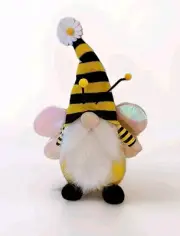 Bumble-bee Gnome Wings Black & White Stripe Hat Daisy Tassel Shelf Sitter 18"