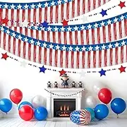 39FT 4th of July Banner Patriotic Decorations, 4.2FT 4th of July Wooden Bead Garland, Red, White & Blue Tassel Banner for Independence, Flag Day, Memorial Day Decorations