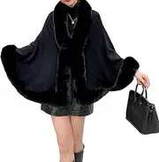 [Tngan] Luxury Faux Fur Cloak for Women Shawl Wrap with Fur Trim Fashion Winter Poncho Thick Sweater for Wedding Evening Prom