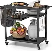 Costway Outdoor Dining Cart Table, Pizza Oven Table, 3-Shelf Movable BBQ Cart with 4 Lockable Wheels, Hooks, Side Handle, Multifunctional Kitchen Food Prep Worktable, Portable Dining Cart BBQ Trolley