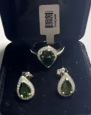 JTV DK Platinum Sterling Russian Chrome Diopside & Zircon Ring Sz 7 & Earrings