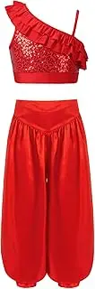 [Aislor] Kids Girls Sequin Belly Dance Outfit Asymmetrical Shoulder Straps Sleeveless Ruffle Crop Top with Wide-Leg Pants Set