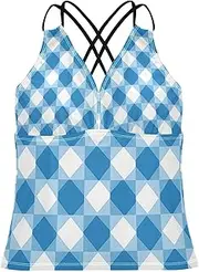 [sanluoli] Europe Gingham Pattern Bluankini Tops for Women Swimsuit Tops Tummy Control No Bottom S
