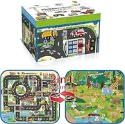 PicassoTiles Storage Bin Toy Box & Playmat with Foldable & Collapsible Reversible Car and Animal Theme Car Trunk Organizer Travel Portable Tote Education Learning Kit for Boy Girl Ages 3 and Up PTA31