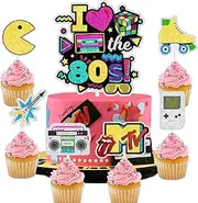 Together Back To The 80s Cake Topper set - Retro Throwback Theme I love 80s Honeycomb Roller disco radio Happy Birthday Hip hop Party Decorations - One Cake Topper and 6 pcs Cupcake Toppers