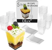DLux Mini Dessert Cups with Spoons (165 ml x 50 Pcs) Clear Plastic Parfait Appetizer Cups, Square Large 5.5 oz Small Reusable Bowl for Party Desserts Appetizers - with Recipe Ebook