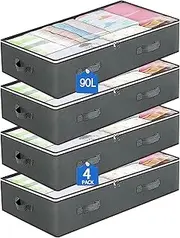 [DAWNTREES] Underbed Storage Bags Organizer Container,4 Pack,100x50x15cm,with 4 Handles and 2 Sturdy Zippers,Blankets Clothes Comforters Foldable Storage Bags with Clear Window.