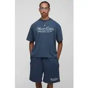 Mens Navy Oversized Boxy Heavyweight Slogan T-Shirt & Drop Crotch Short Set
