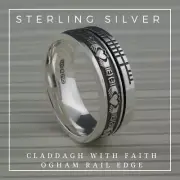 Sterling Silver Claddagh Wedding Ring Ogham Rail Edge Boru Sizes 8.5 or 11.5