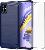 [Asuwish] Phone Case for Samsung Galaxy A51 4G with Tempered Glass Screen Protector Cover and Slim Thin Soft TPU Mobile Cell Accessories Protective Glaxay 51A G5 Gaxaly S51 Women Men Carbon Fiber Blue