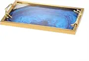 Decorative Tray with Handles Elegant Stylish Blue Agate Glass Serving Tray for Coffee Table Bathroom Vanity Living 16.5"x11",Gold
