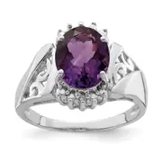Sterling Silver Rhodium Checker-Cut Amethyst u0026 Oval Diamond Gemstone Birthstone Ring Fine Jewelry Gift for Her