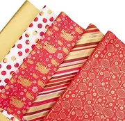 PAPER FAIR 100 Sheet Gold Red Tissue Paper Bulk for Gift Bags, Mixed Pattern Lantern, Dragon Head, Polka Dots,Diagonal Stripes Blending Wrapping Paper, for Spring Festival Chinese New Year Decorations