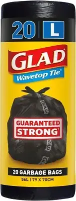 Glad Wavetop Tie Garbage Bags, 20 Large Multipurpose Garbage Bags, Large Size