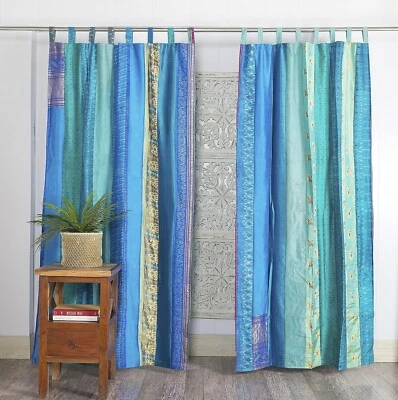 1Pc Indian Sari Patchwork Curtain Drape Window Decor Turquoise Silk Sari Curtain