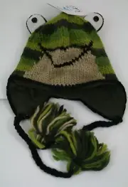 DeLux Knitwits Child Warm Knit Lined Winter Pilot Hat Animal Frog Green Boy Girl