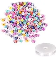 SAVITA 150pcs Mixed Color Polymer Clay Flower Beads with 1 Roll of Crystal Elastic Rope for Bracelets, Necklace Making and DIY Crafts