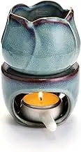 BSTKEY Ceramic Essential Oil Burner Wax Melt Burner with Candle Spoon, Decorative Aroma Tealight Candle Holder Oil Burner for Wax Melt, Flower Model (Blue)