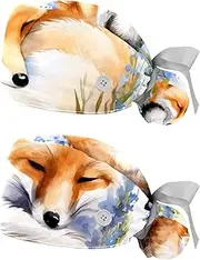 [YTYVAGT] 2-Pc,Nurse Scrub Caps,Scrub Hats with Buttons and Cotton Sweatband,Animal Fox Blue Flower Pattern