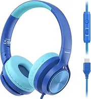Bywulanda Upgrade USB-C Kid Headphone with Microphone, Safe Volume Limiter 85/94dB, Foldable Over Ear Wired Headphones for Toddlers/Boys/Girls/School/iPad/Laptop/Travel(Blue)