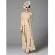 Beach Wedding Jumpsuit / Pantsuit 3 Piece Mother of the Bride Formal Wedding Guest Elegant Plus Size Wrap Included Bateau Neck Floor Length Chiffon Long Sleev