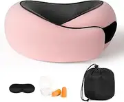 Travel Neck Pillow, Memory Foam Travel Neck Pillow for Airplanes, 360° Support Stowable Pillows for Sleeping, Airplane Travel Kit with 3D Contoured Eye Masks, Earplugs, and Storage Bag (Pink)