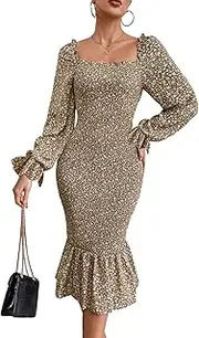 [PRETTYGARDEN] Women's Long Puff Sleeve Floral Midi Bodycon Dresses Square Neck Ruffle Mermaid Smocked Dress