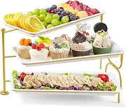 [Lifewit] 3 Tier Plastic Serving Tray Platter for Party Entertaining, 14" x 6.5" Dessert Table Display Set, White Reusable Dishes with Gold Metal Display Stand for Veggie, Fruit, Cookies